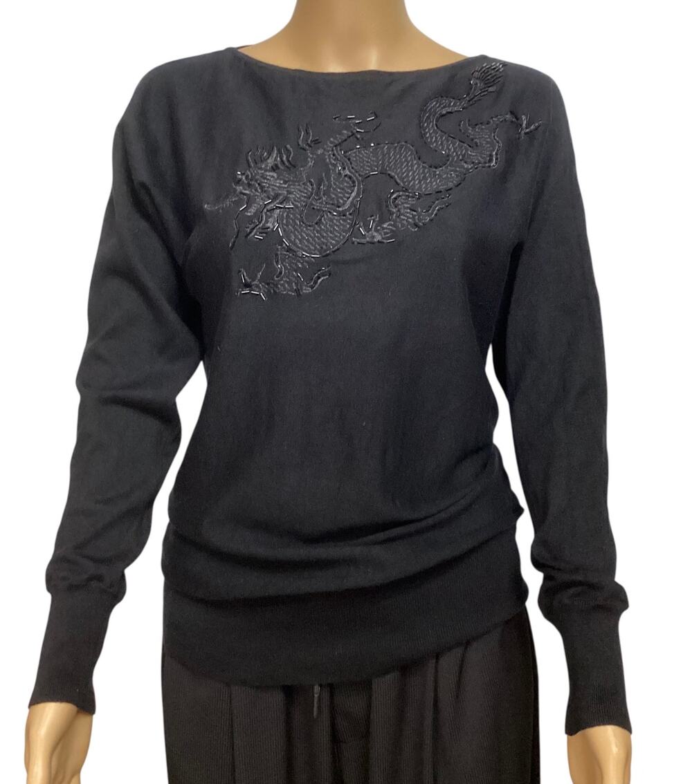 Vintage Lauren Ralph Lauren Black Silk Blend Beaded Dragon Sweater Size L